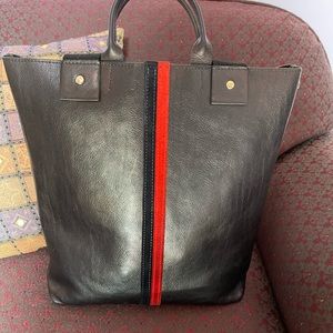 Clare V. Annie Striped Tote in black leather